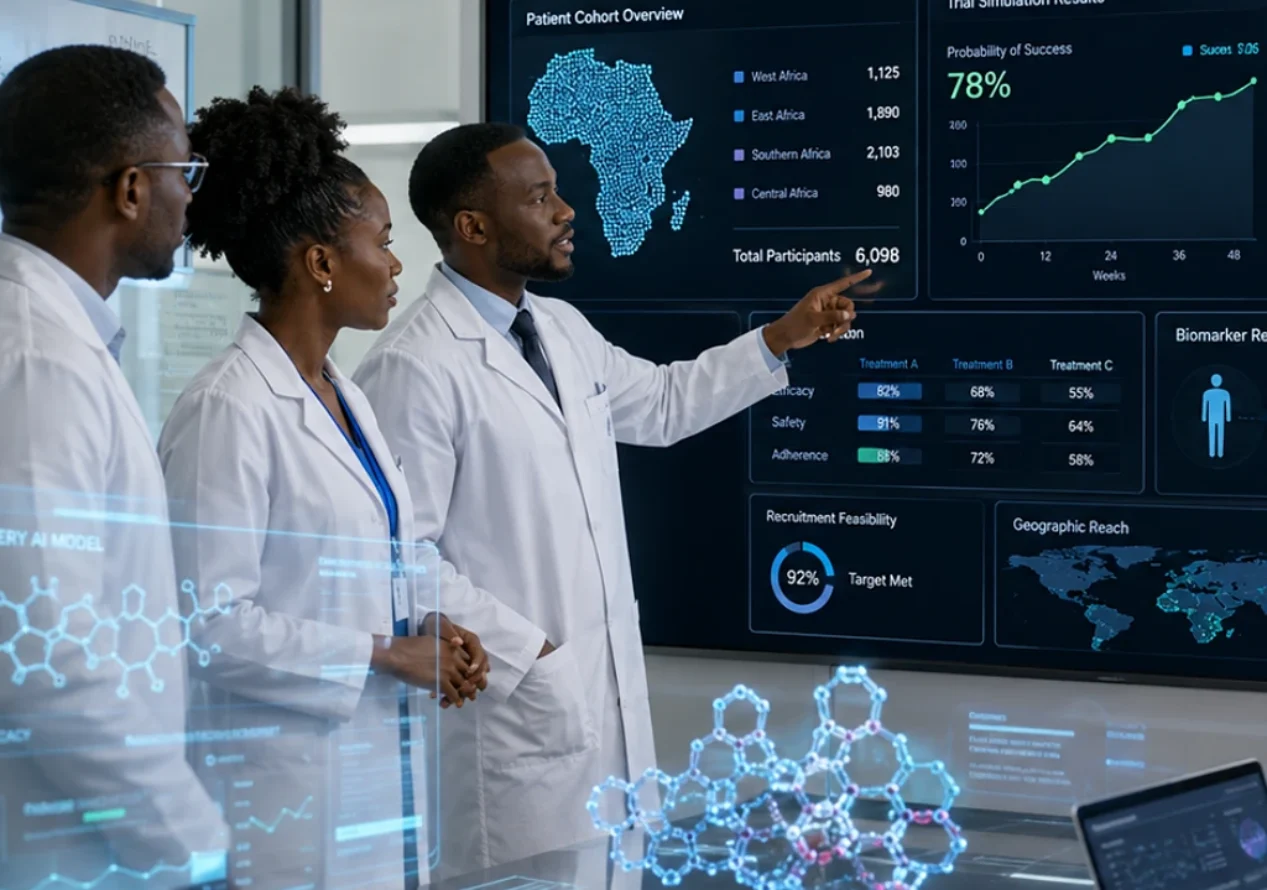 Clinical team reviewing an AI analytics dashboard